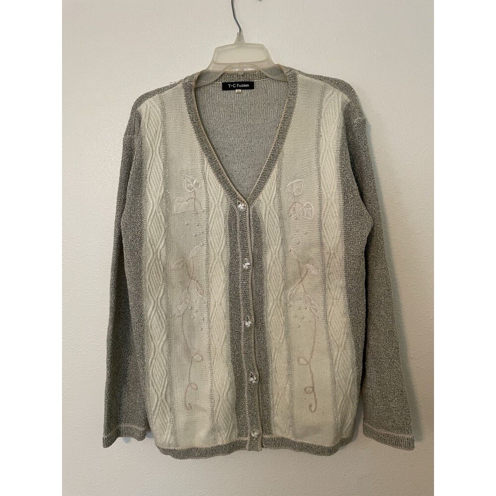 T-C Fashion Cardigan Women XL Gray Striped Button Up Long Sleeve Knit